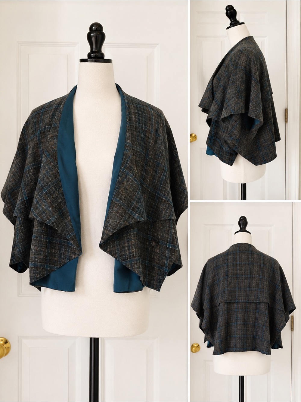 CAbi Plaid Open-Front Shrug Jacket with Teal Lining